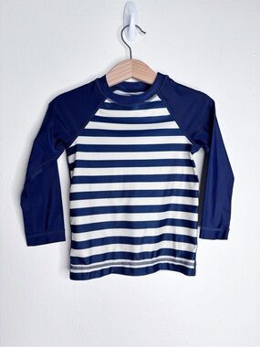 Tea Collection Navy White Stripe Crewneck Rash Guard Long Sleeve Top Size 2T EUC